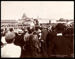 Een bokswedstrijd tussen Robert Prometheus Fitzsimmons en Bosworth op de dag van een wielerwedstrijd op Manhattan Beach, New York, 1895